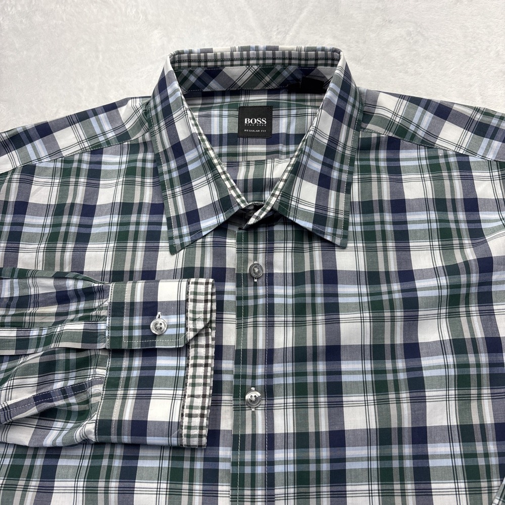 Hugo Boss Oberto Regular Fit Plaid Shirt Men's XL Green Navy Preppy Casual